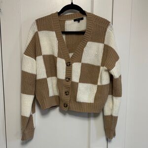 Love Tree Tan and White Checkered Cardigan